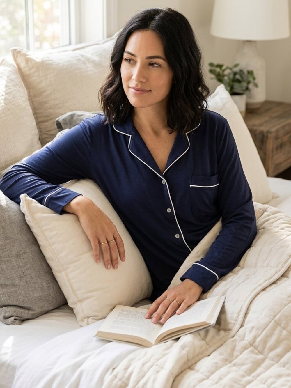 Cozy Earth Navy Long Sleeve Button Front Stretch Knit Pajama Top Sz M